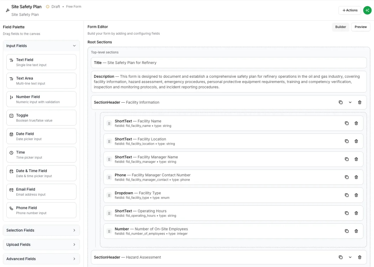 The form builder, with the Field Palette on the left and the Form Editor showing a form’s sections and fields