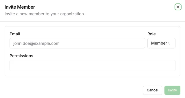 The Invite Member panel, with Email, Role and Permissions fields