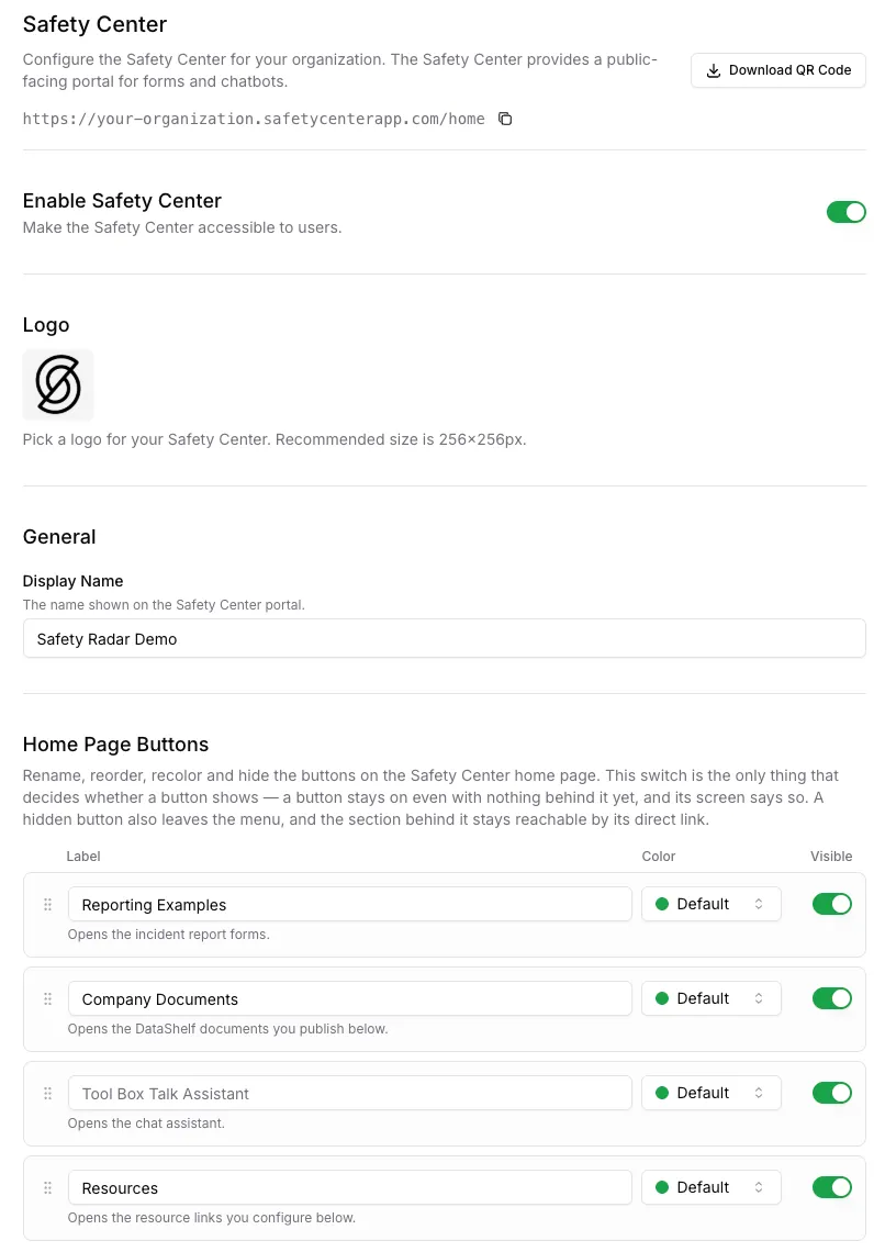 Safety Center settings: the portal address with Download QR Code, Enable Safety Center, Logo, Display Name and Home Page Buttons