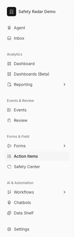 The dashboard sidebar, with the Analytics, Events & Review, Forms & Field and AI & Automation groups